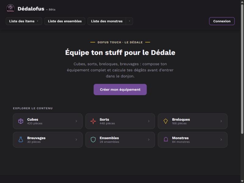 Page d'accueil de Dedalofus, simulateur de stuff pour le Dédale de Dofus Touch